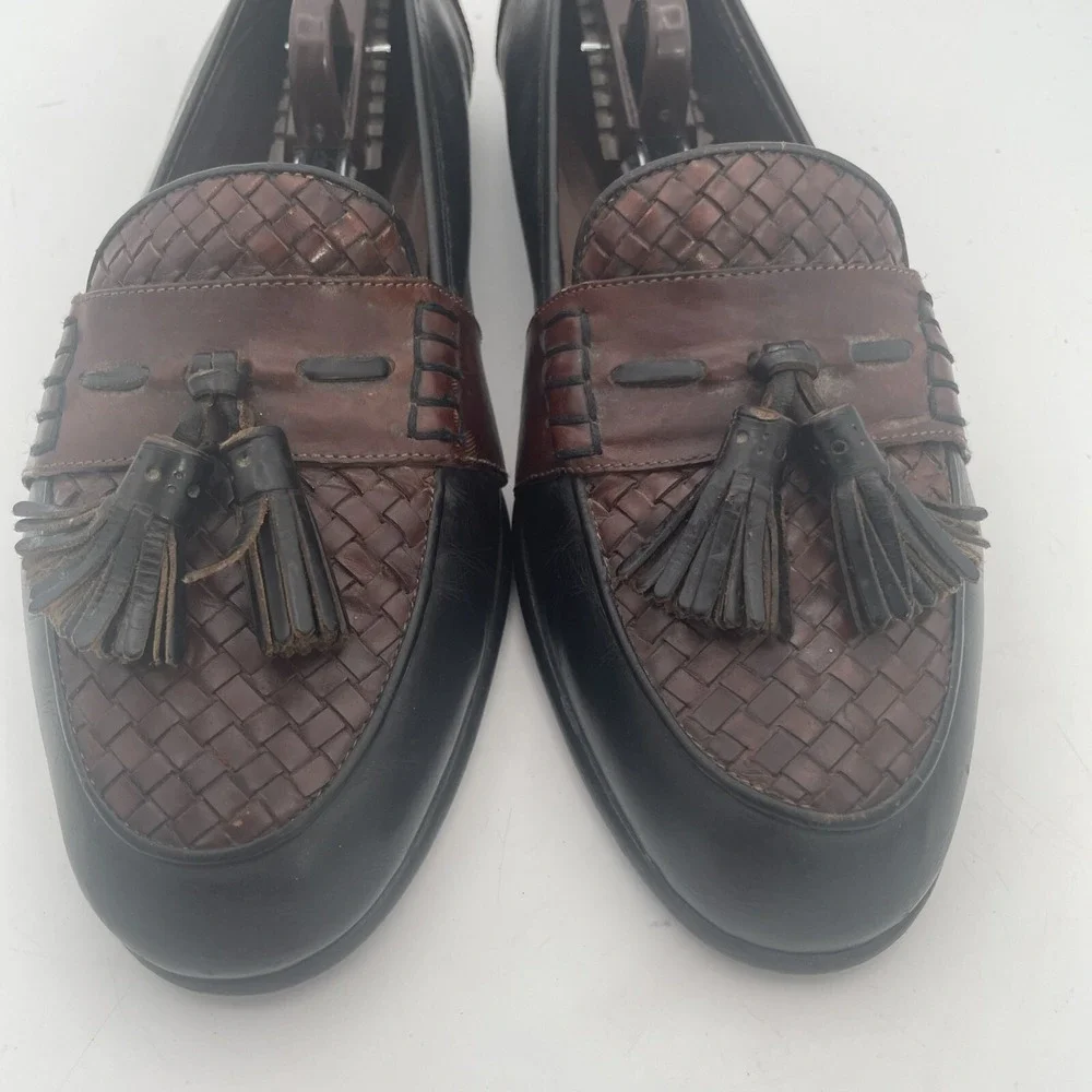 Bragano Mens Shoes Size 10M Black Brown‎ Leather Full Strap Woven Tassel Loafers